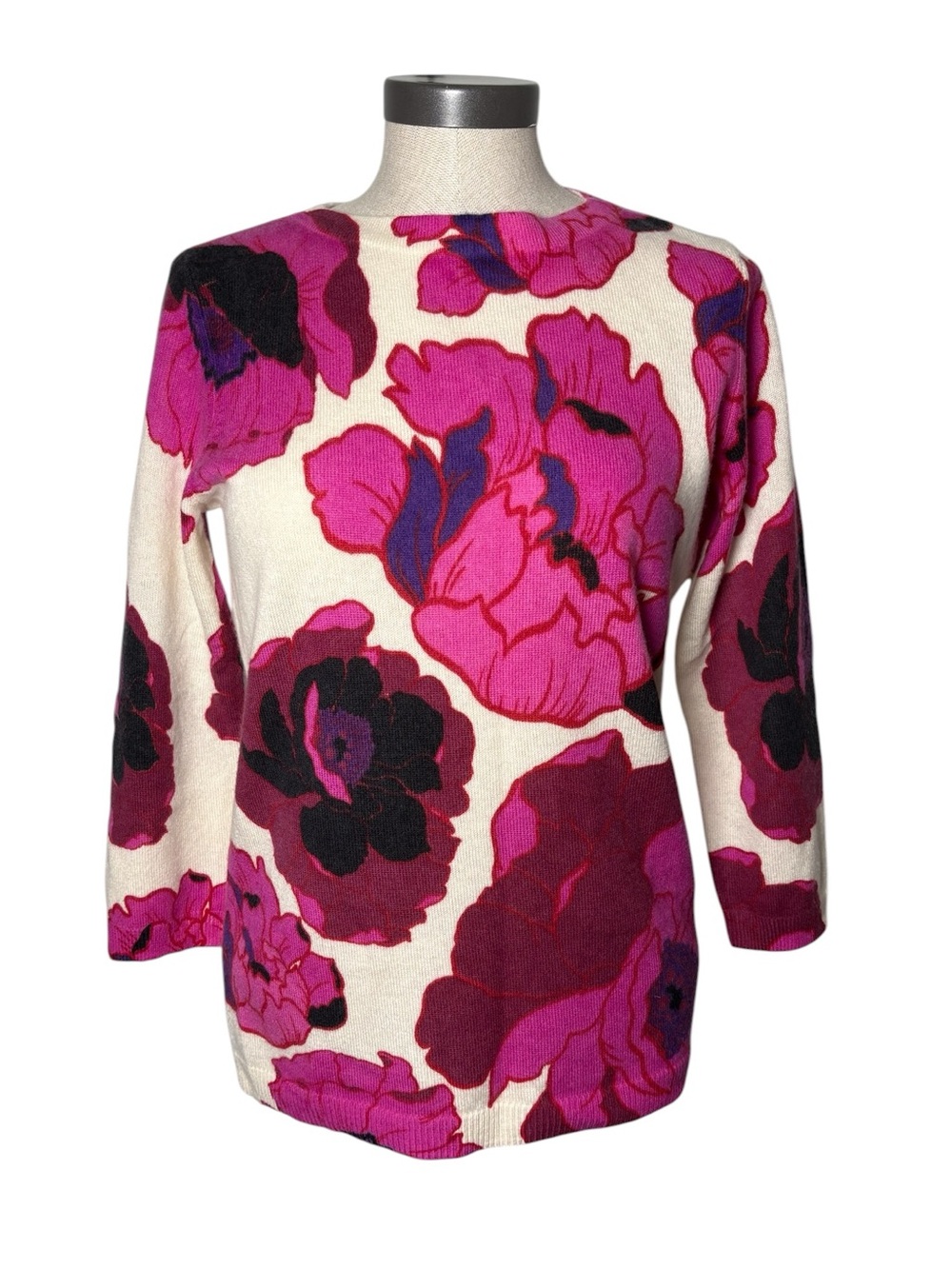 Talbots 100% Cashmere Audrey Floral Sweater Pink Red Ivory Petite Medium Petite